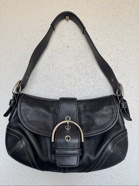 Coach Black Leather Shoulder Bag with Silver Buckle